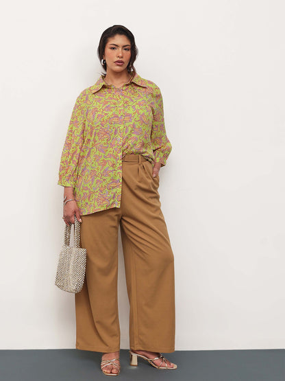 Neon Green Paisley Front Button Regular Shirt