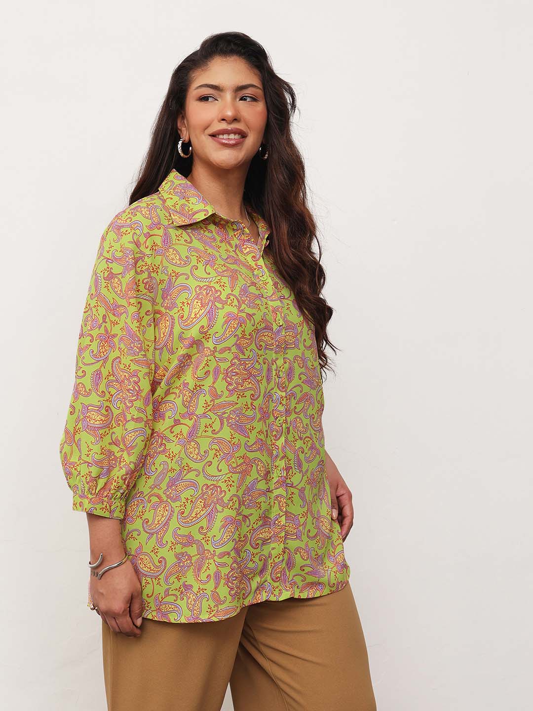 Neon Green Paisley Front Button Regular Shirt