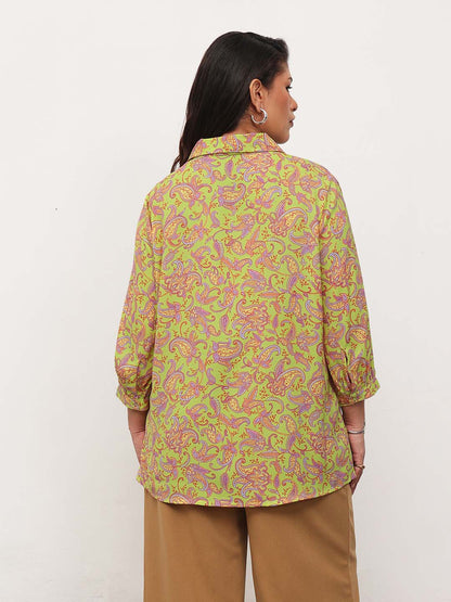 Neon Green Paisley Front Button Regular Shirt