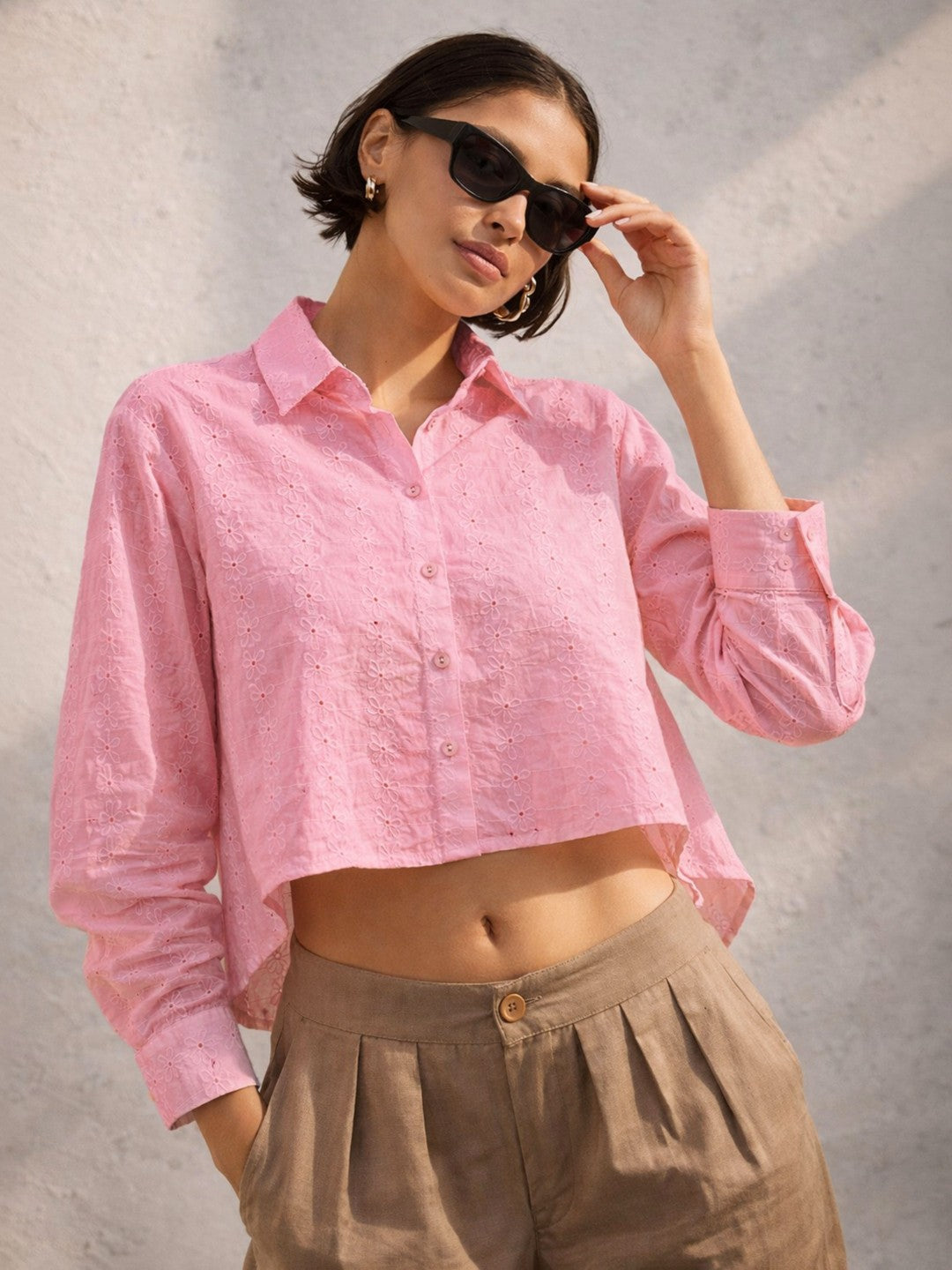 Pink Schiffli Back Tie Crop Shirt