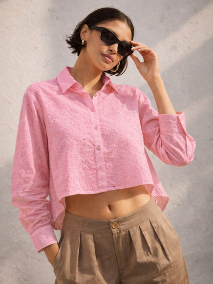 Pink Schiffli Back Tie Crop Shirt
