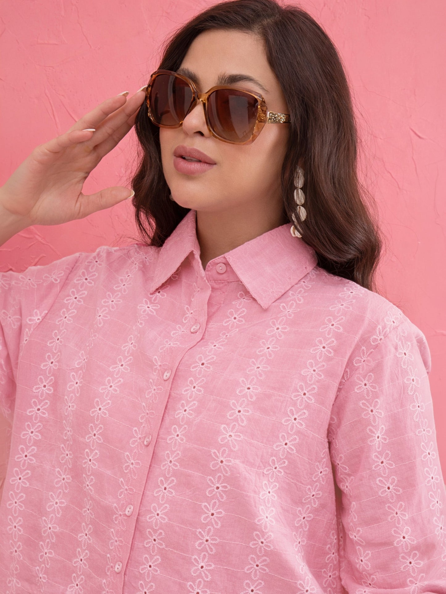 Pink Schiffli Back Tie Crop Shirt