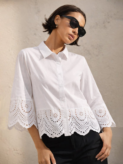 White Poplin Scallop Hem Regular Shirt