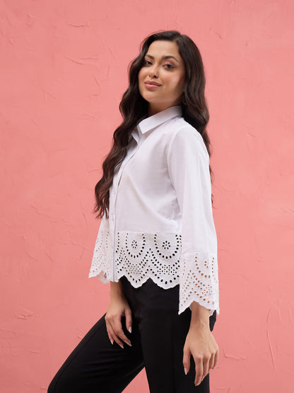 White Poplin Scallop Hem Regular Shirt