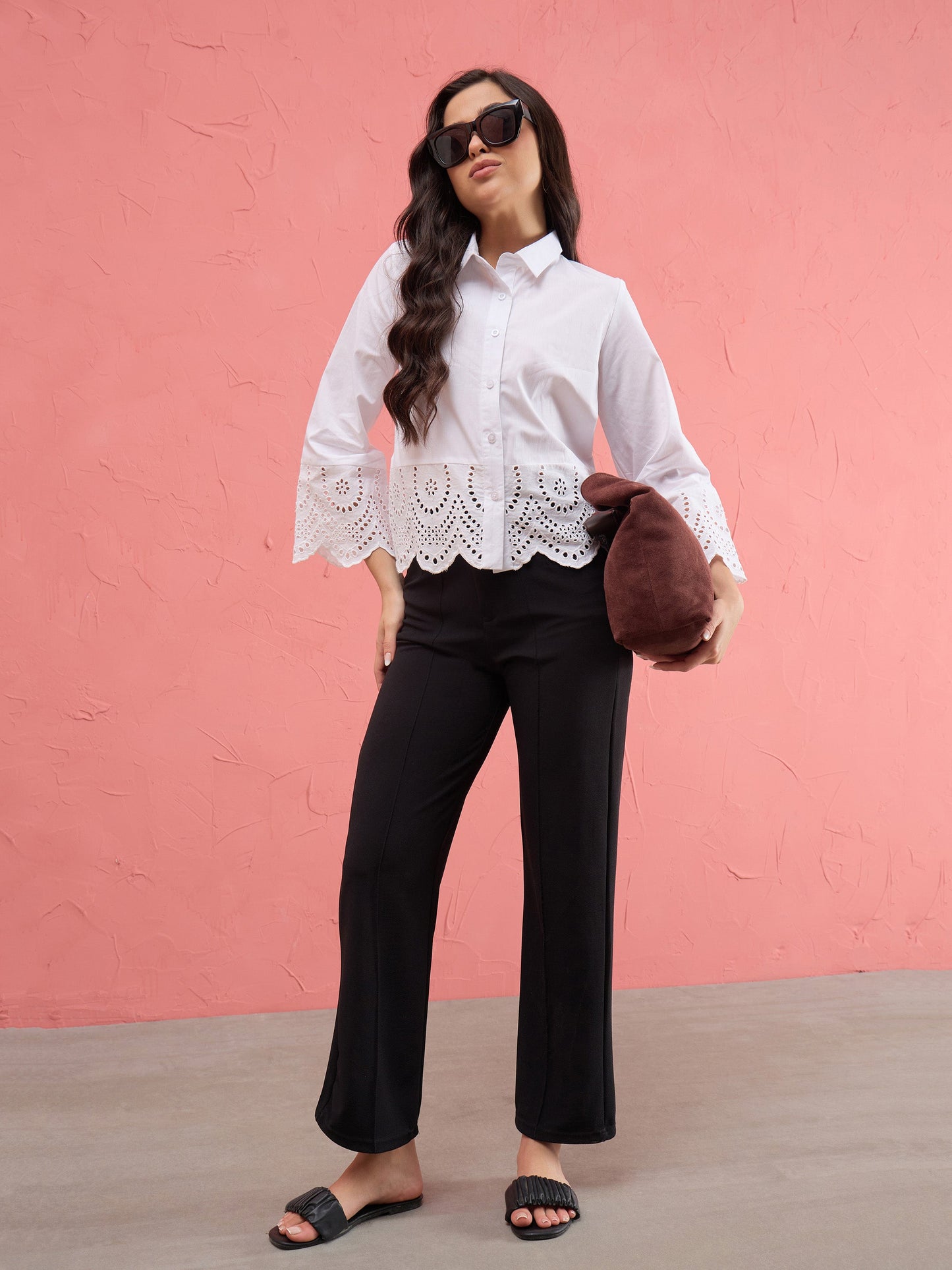 White Poplin Scallop Hem Regular Shirt