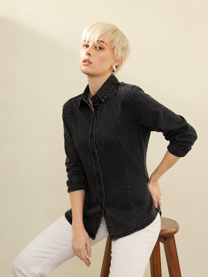 Women Black Denim Slim Fit Shirt