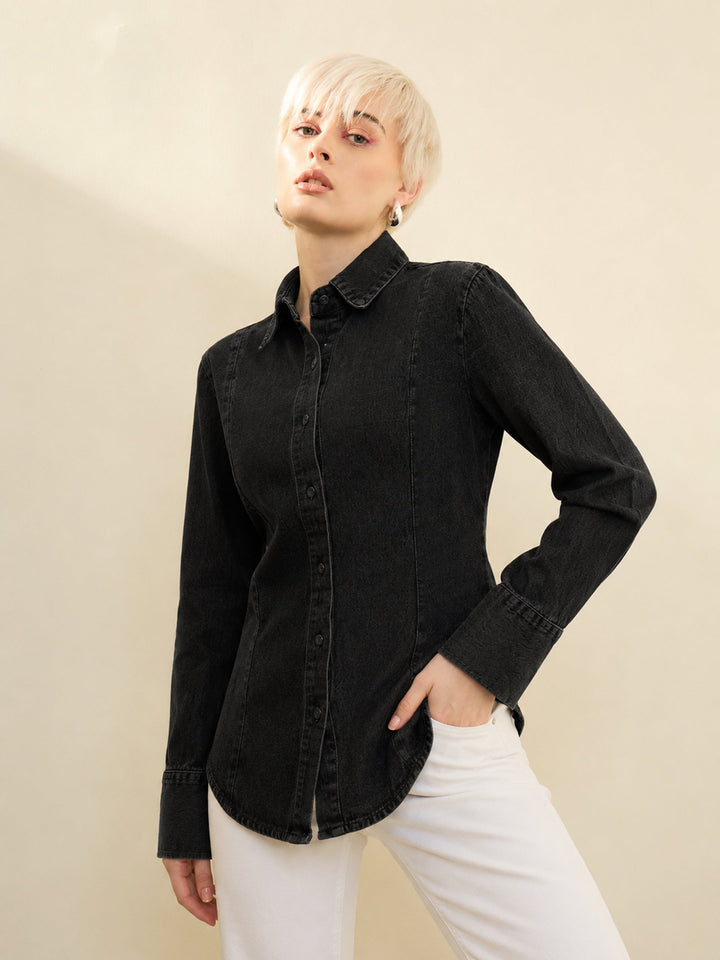Women Black Denim Slim Fit Shirt
