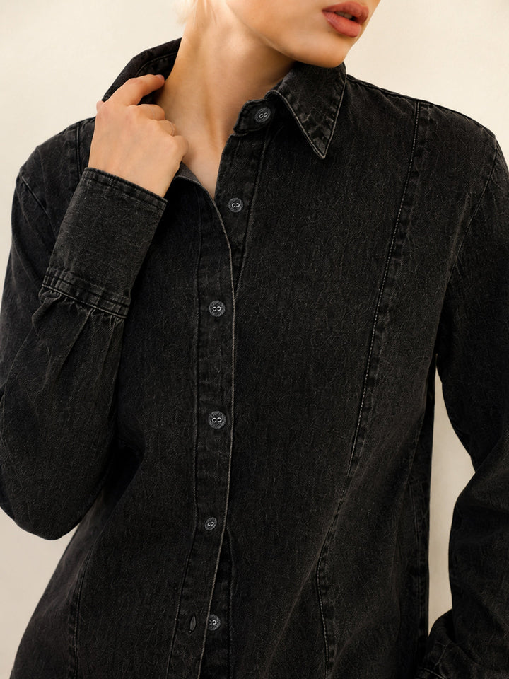 Women Black Denim Slim Fit Shirt