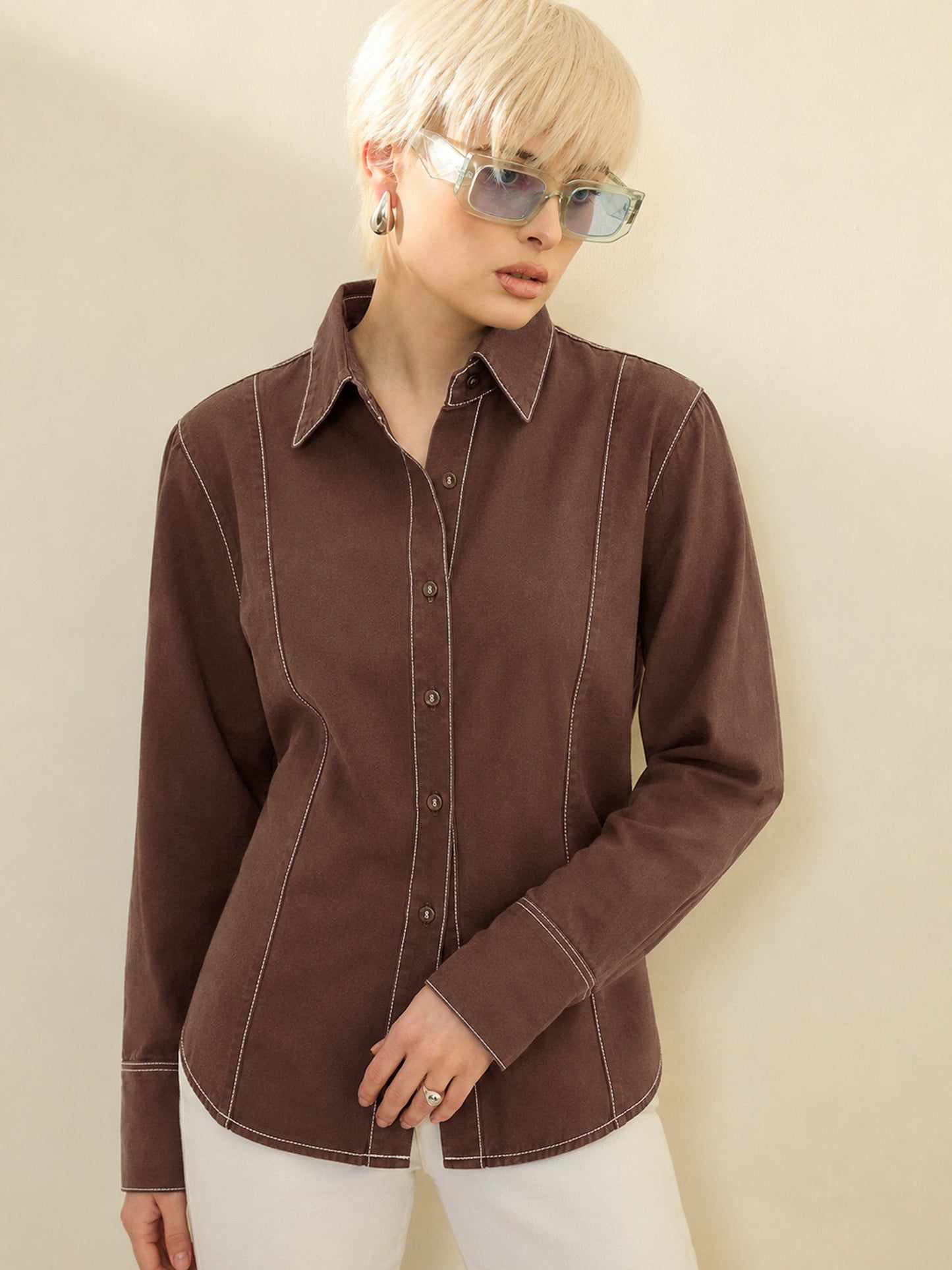 Women Brown Wash Denim Slim Fit Shirt