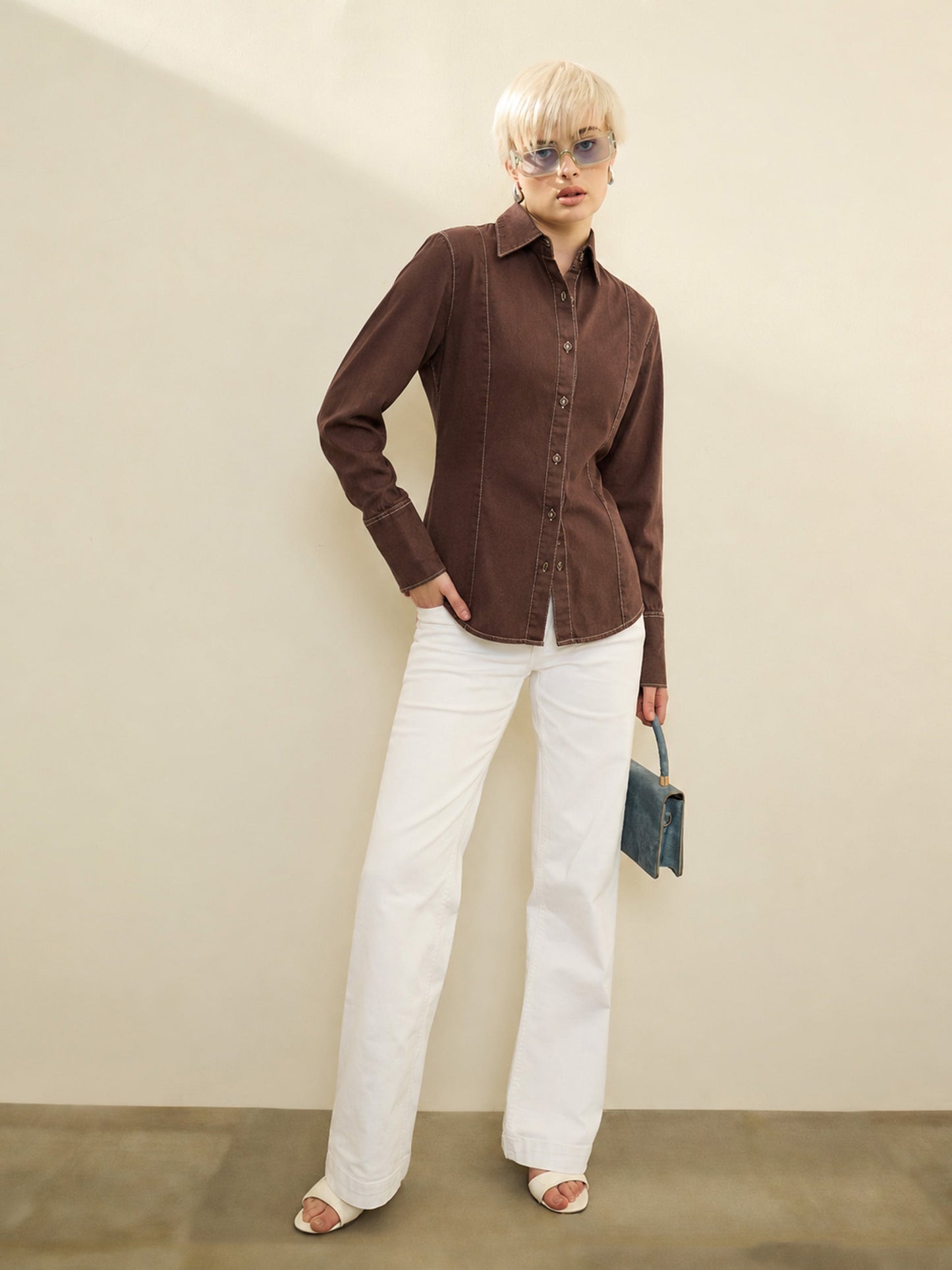 Women Brown Wash Denim Slim Fit Shirt