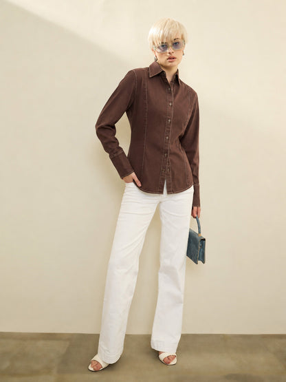 Women Brown Wash Denim Slim Fit Shirt