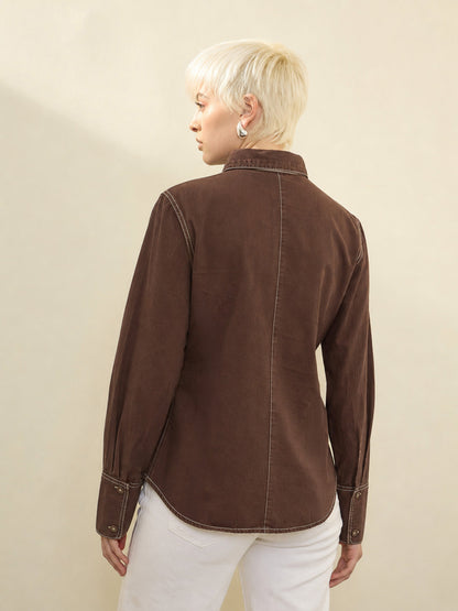 Women Brown Wash Denim Slim Fit Shirt
