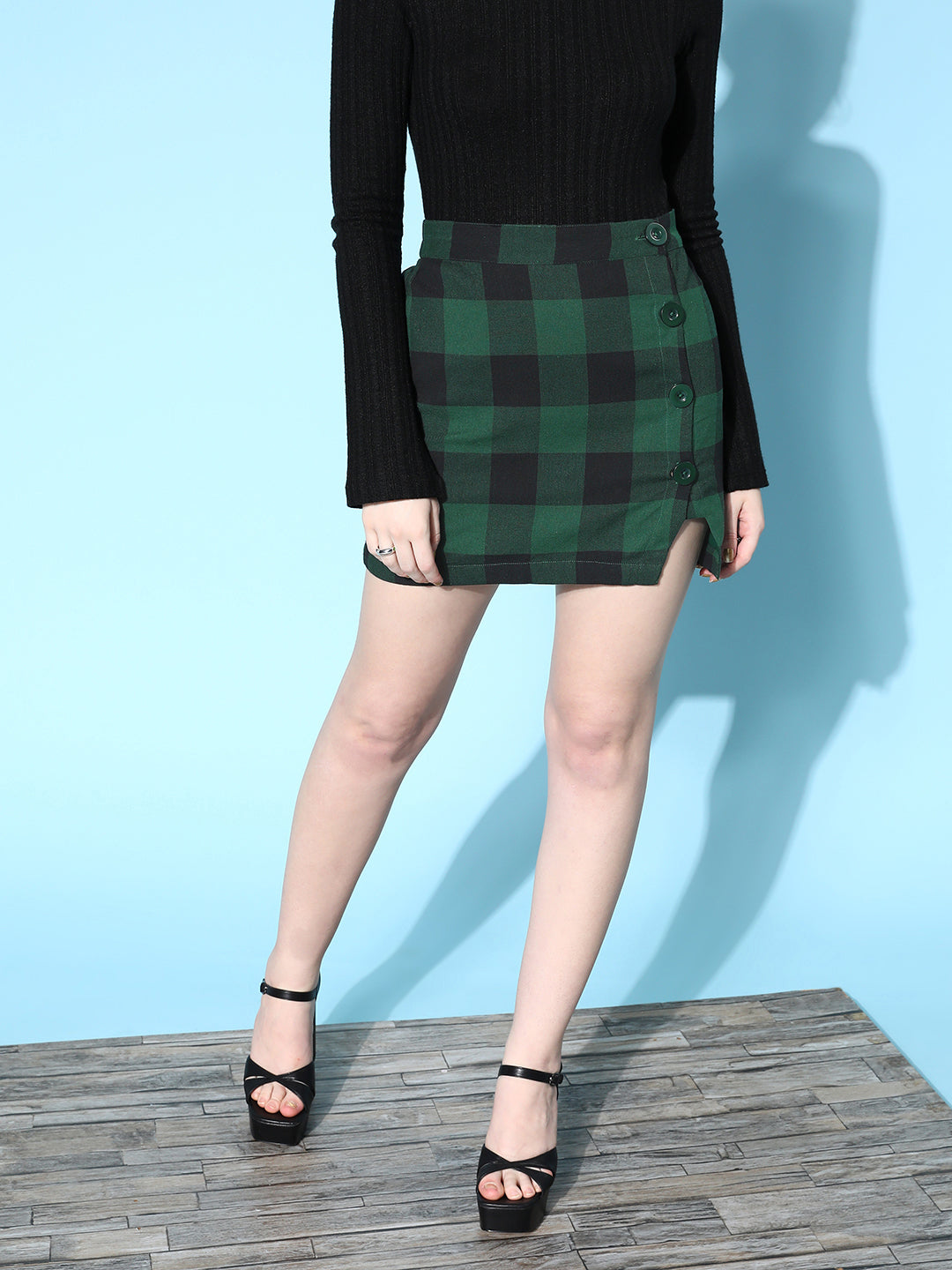 Green Flannel Check Front Button Short Skirt