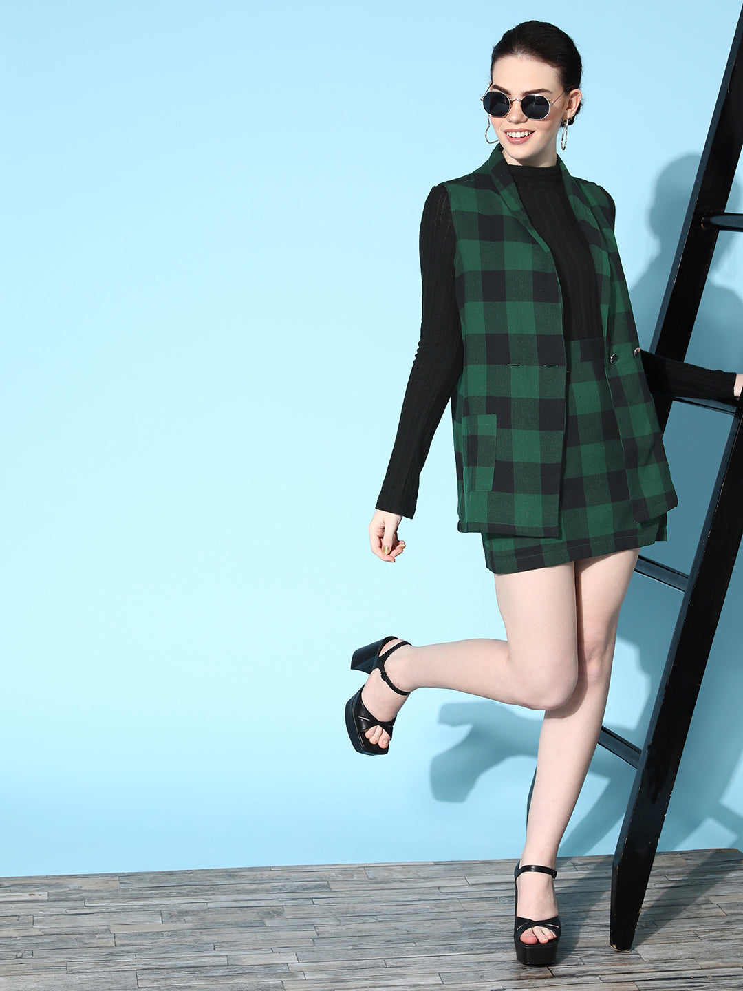 Green Flannel Check Front Button Short Skirt