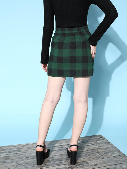 Green Flannel Check Front Button Short Skirt