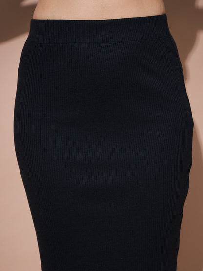 Women Black Rib Pencil Skirt