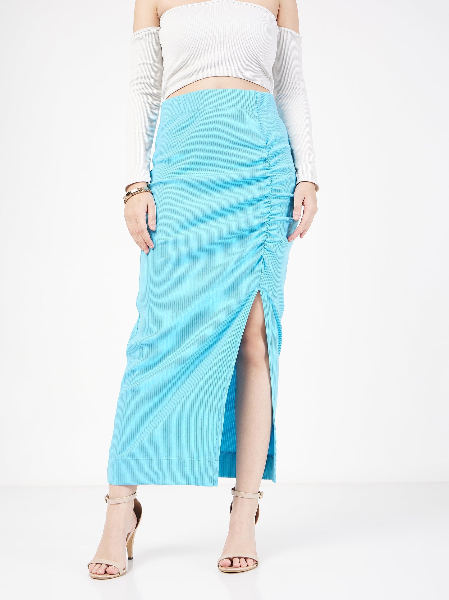 Turquoise Rib Front Ruched Midi Skirt