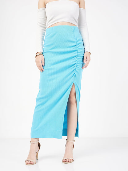 Turquoise Rib Front Ruched Midi Skirt