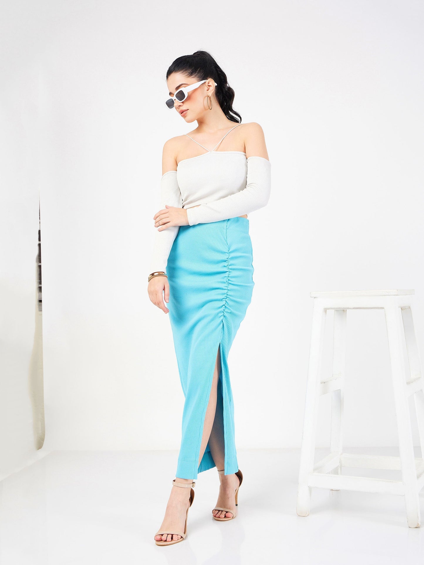 Turquoise Rib Front Ruched Midi Skirt