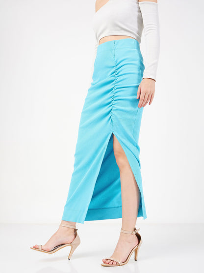 Turquoise Rib Front Ruched Midi Skirt