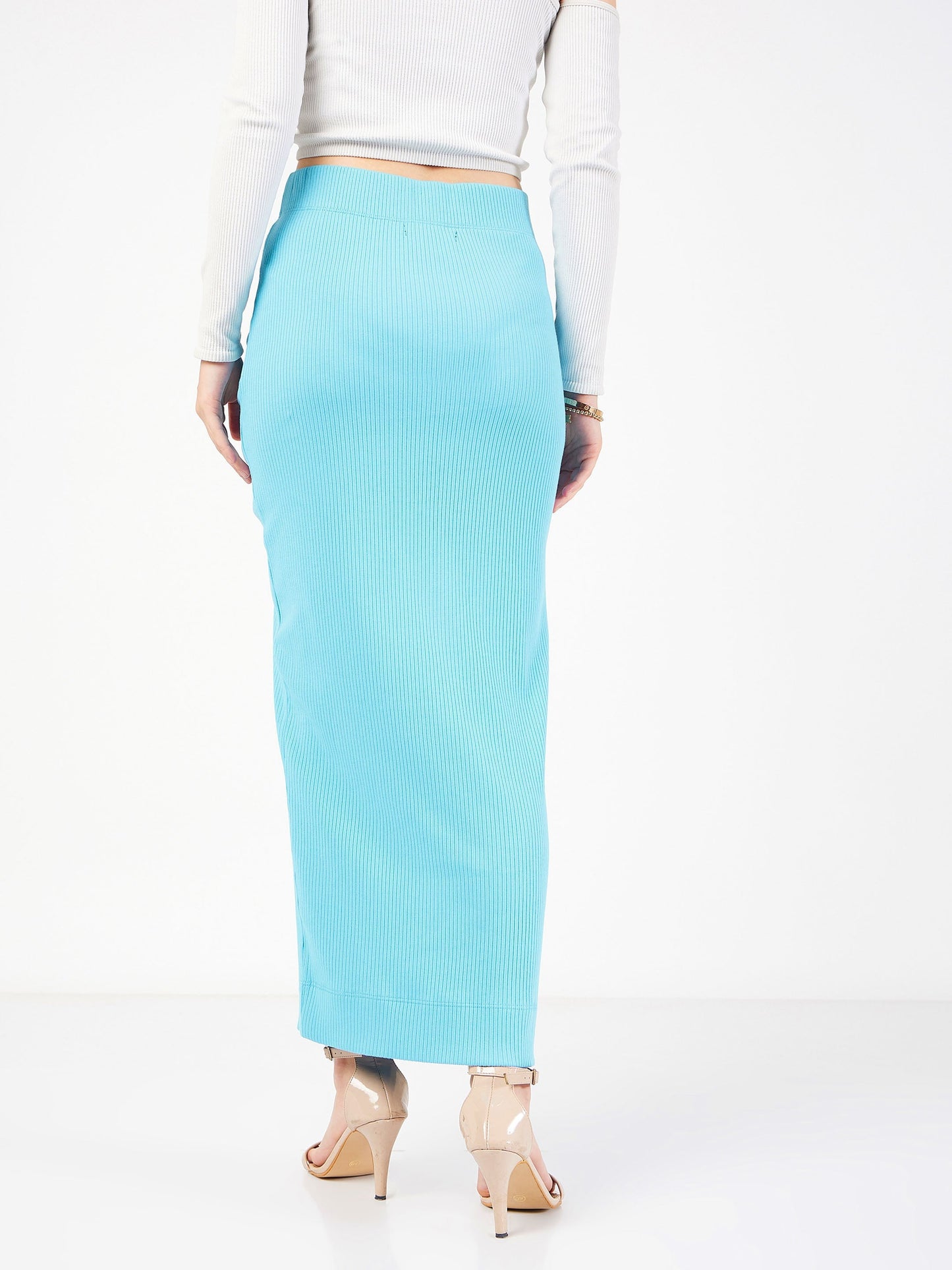 Turquoise Rib Front Ruched Midi Skirt