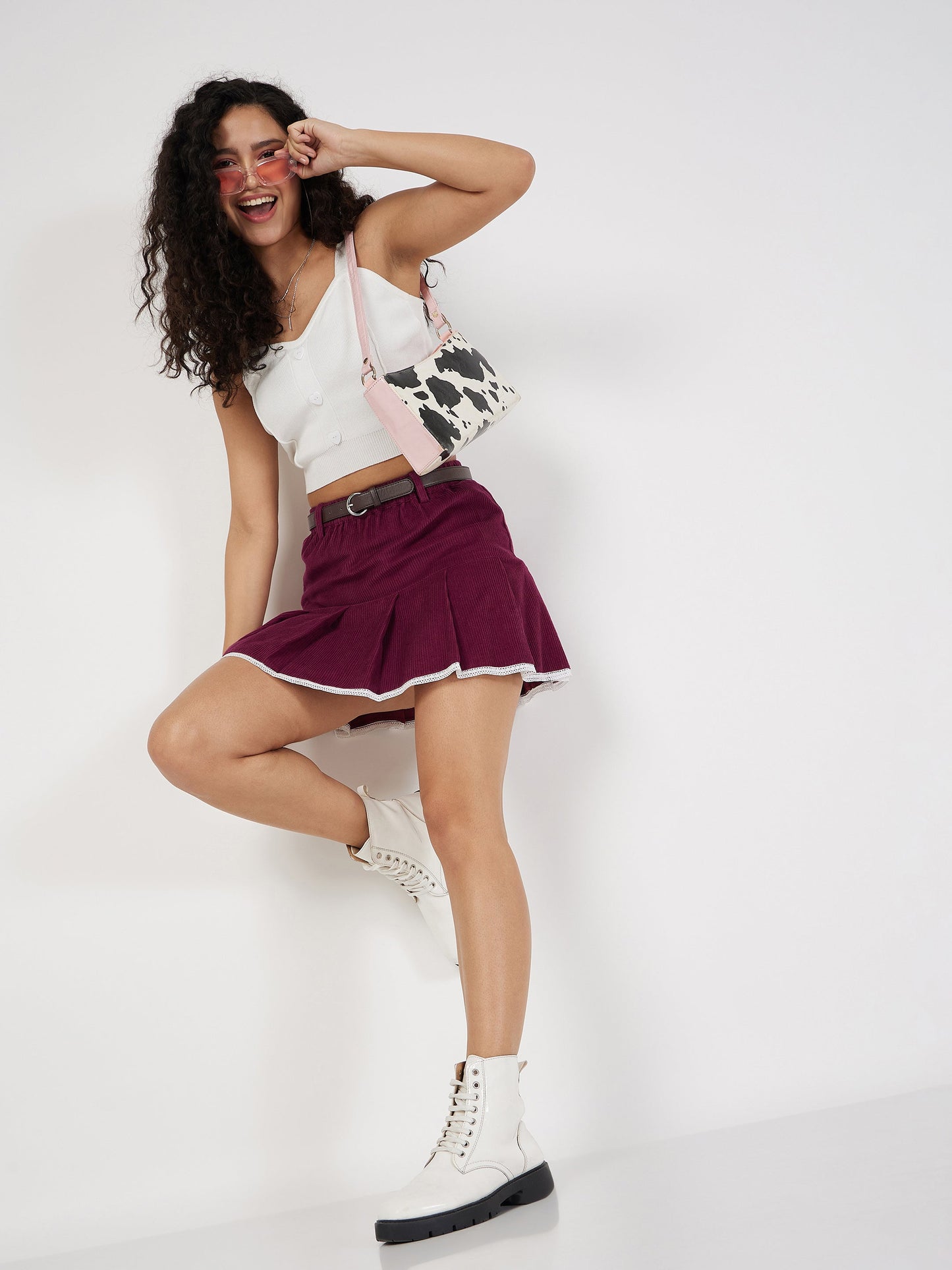 Maroon Corduroy Pleated Mini Skirt