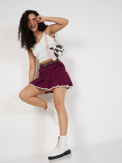 Maroon Corduroy Pleated Mini Skirt