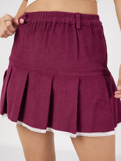 Maroon Corduroy Pleated Mini Skirt