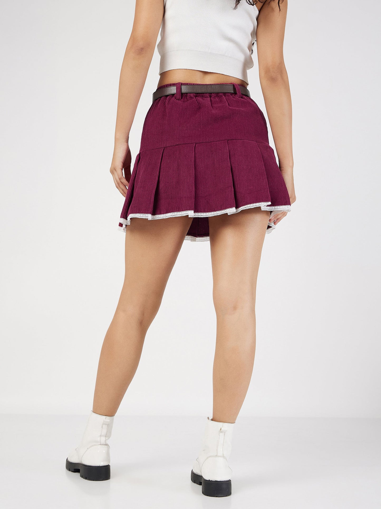 Maroon Corduroy Pleated Mini Skirt