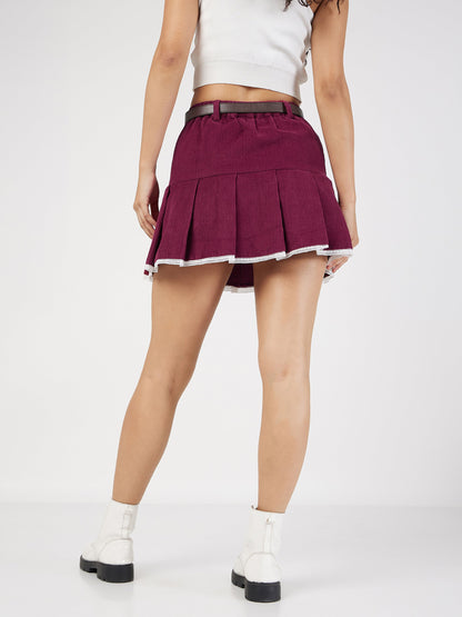 Maroon Corduroy Pleated Mini Skirt