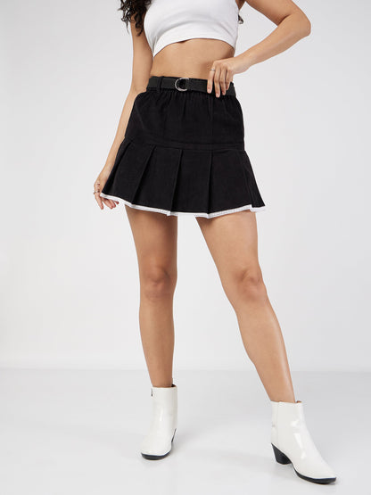 Black Corduroy Pleated Mini Skirt
