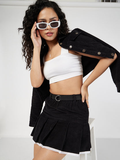Black Corduroy Pleated Mini Skirt