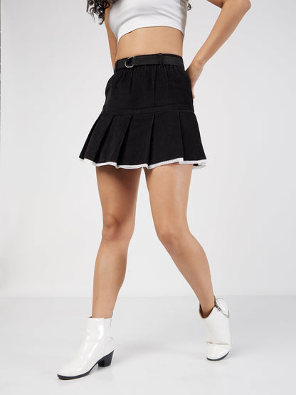 Black Corduroy Pleated Mini Skirt