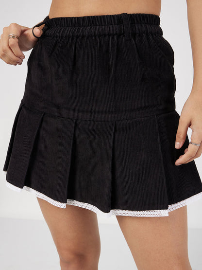 Black Corduroy Pleated Mini Skirt