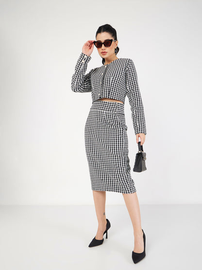 Black Geometrical Jacquard Tweed Pencil Skirt