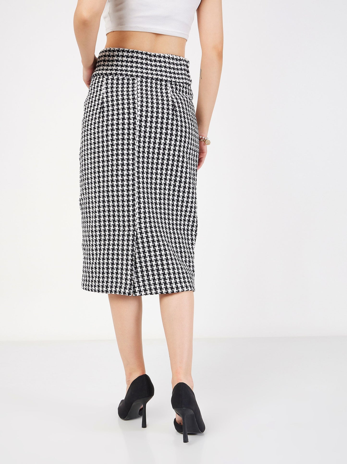 Black Geometrical Jacquard Tweed Pencil Skirt