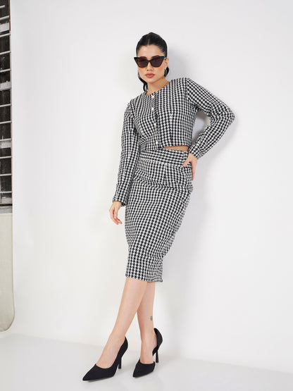 Black Geometrical Jacquard Tweed Pencil Skirt