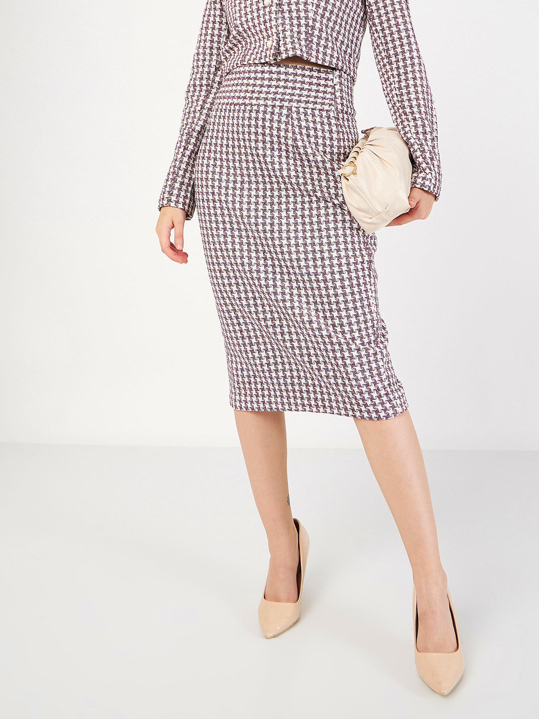 Burgundy Geometrical Jacquard Tweed Pencil Skirt