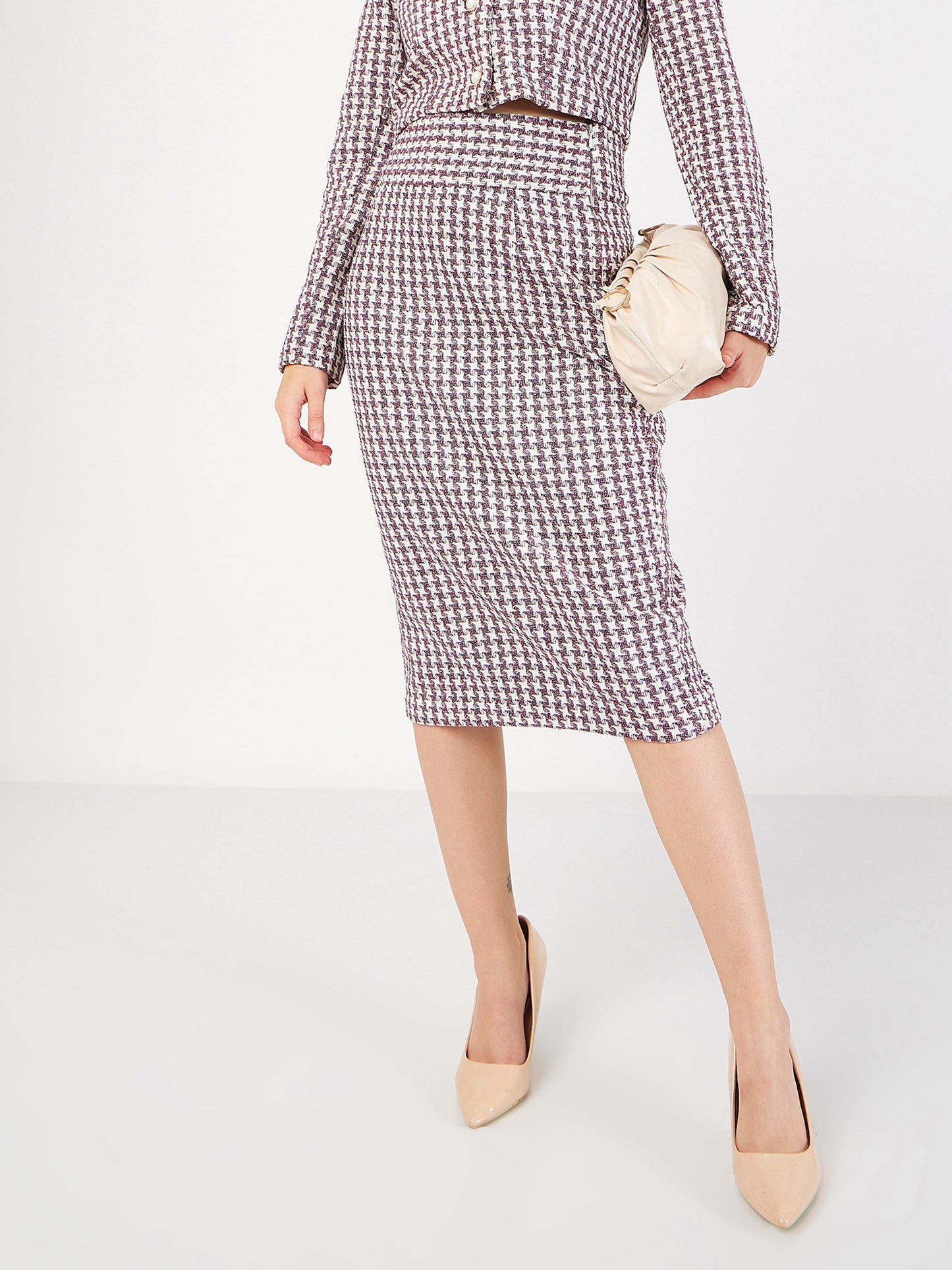 Burgundy Geometrical Jacquard Tweed Pencil Skirt