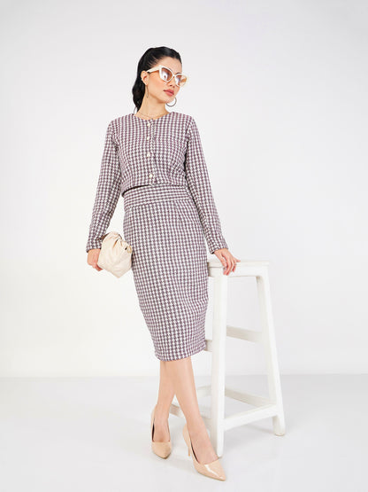 Burgundy Geometrical Jacquard Tweed Pencil Skirt