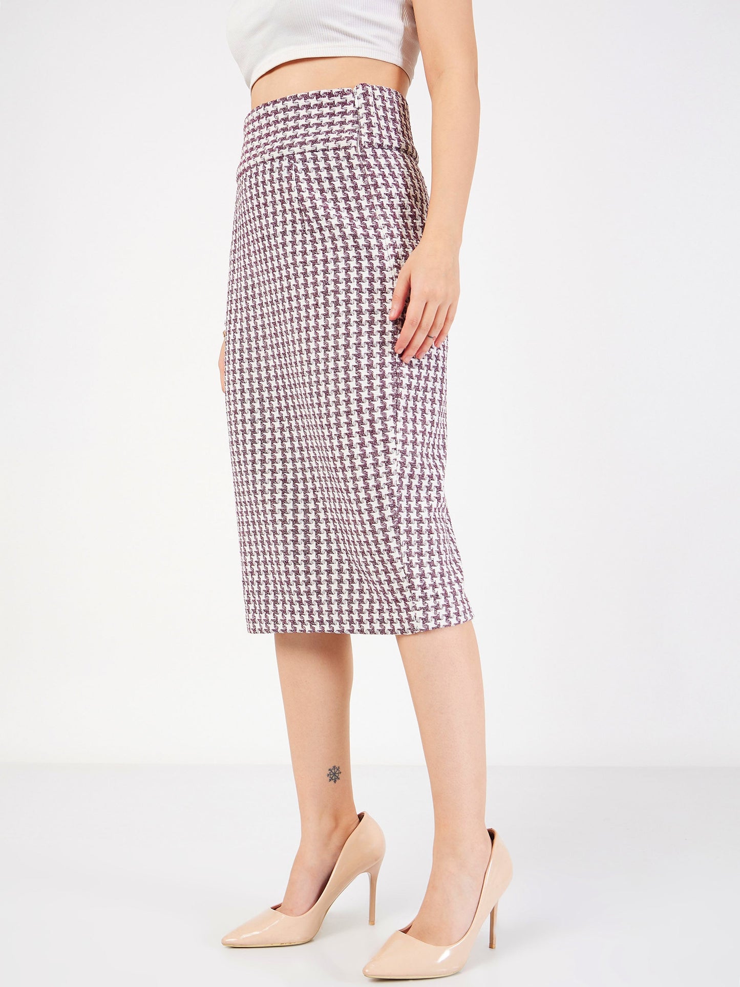 Burgundy Geometrical Jacquard Tweed Pencil Skirt