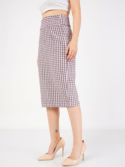 Burgundy Geometrical Jacquard Tweed Pencil Skirt