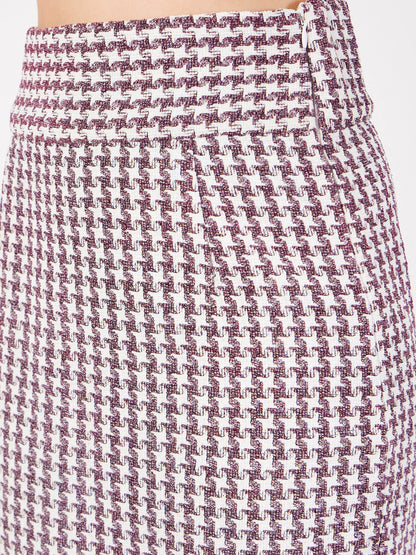 Burgundy Geometrical Jacquard Tweed Pencil Skirt