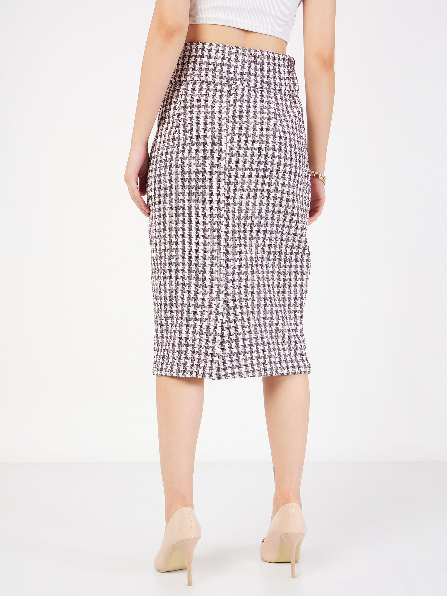 Burgundy Geometrical Jacquard Tweed Pencil Skirt