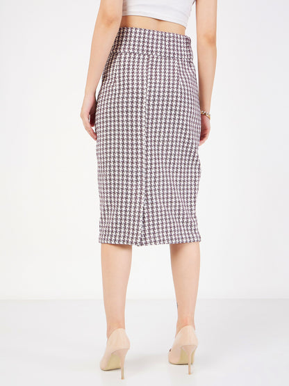 Burgundy Geometrical Jacquard Tweed Pencil Skirt