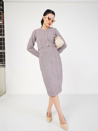 Burgundy Geometrical Jacquard Tweed Pencil Skirt