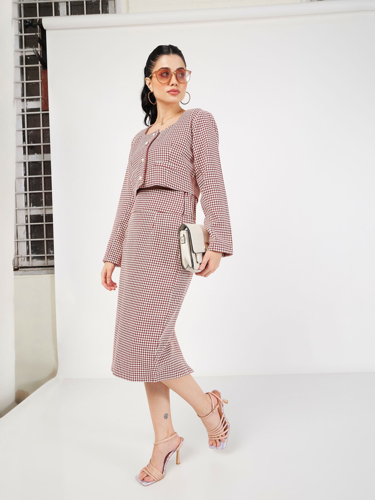 Red Houndstooth Jacquard Tweed Pencil Skirt