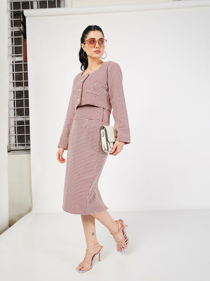 Red Houndstooth Jacquard Tweed Pencil Skirt