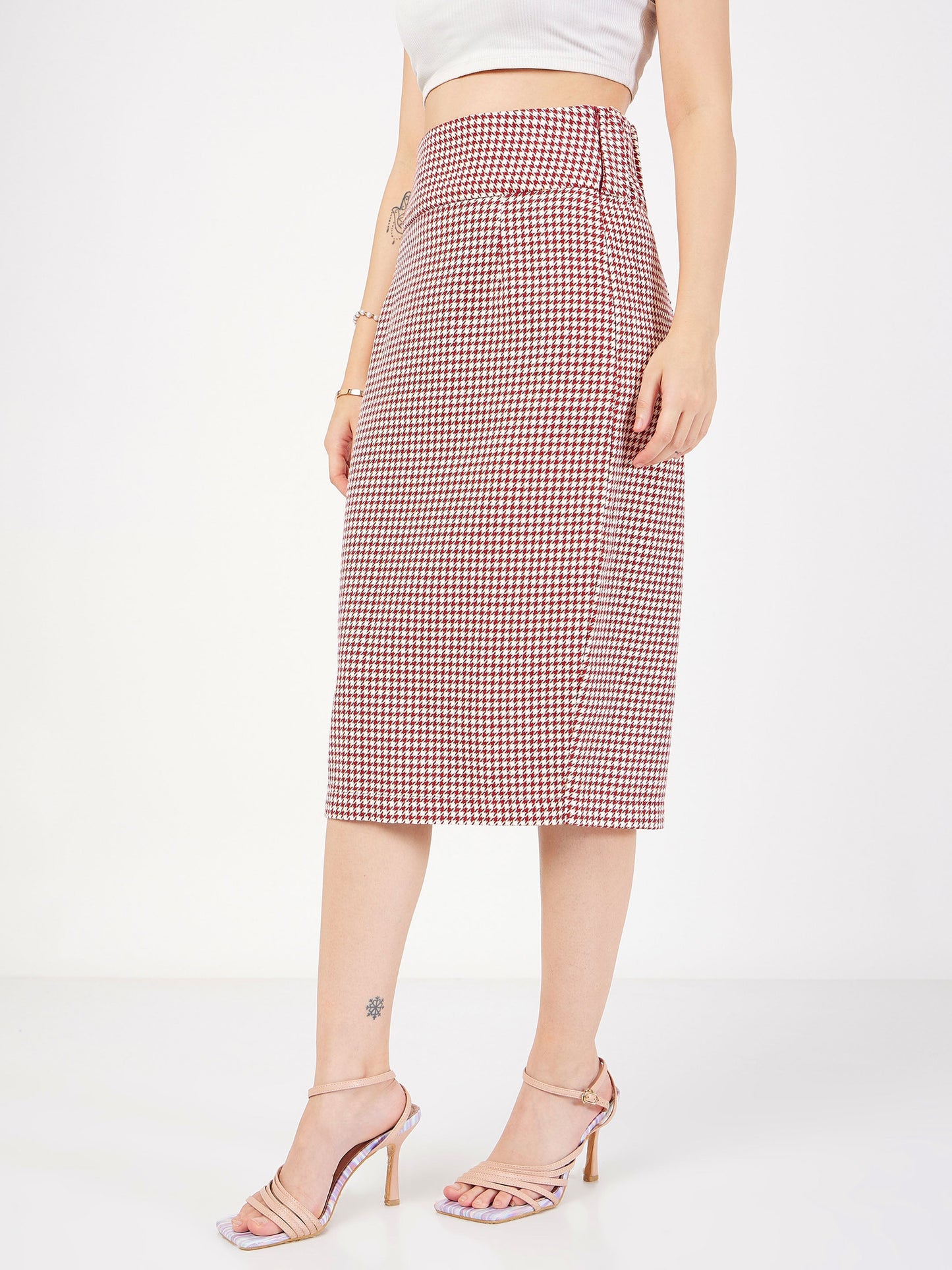 Red Houndstooth Jacquard Tweed Pencil Skirt