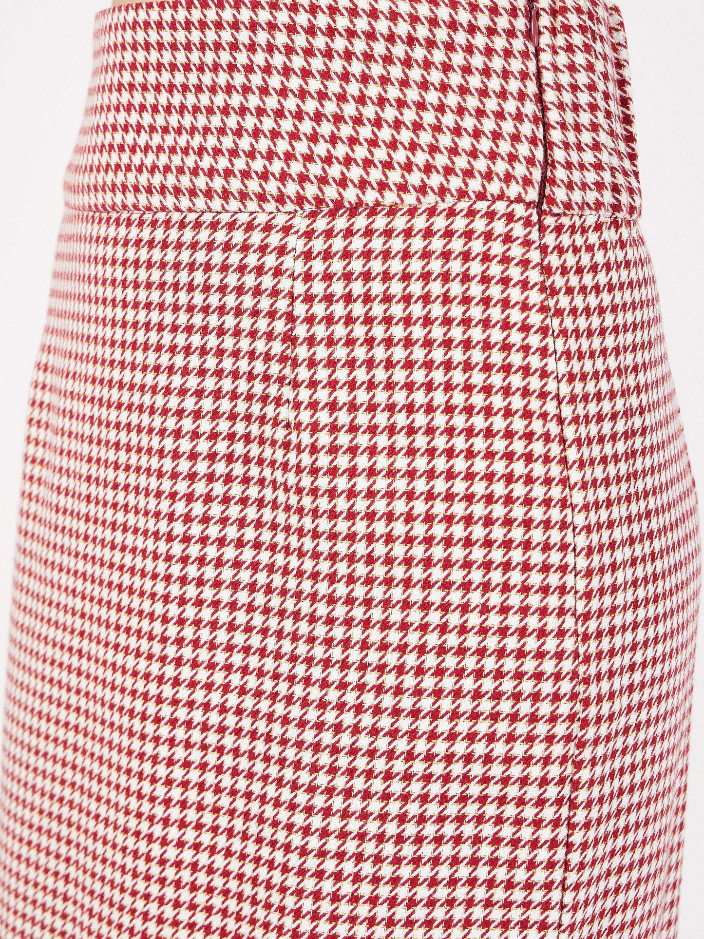 Red Houndstooth Jacquard Tweed Pencil Skirt